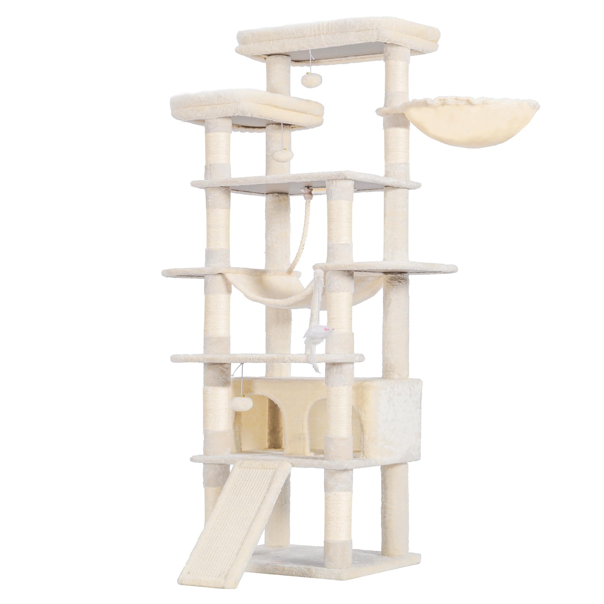 Tall Cat Tree, 78-inch Multi-Level Cat Tower for Indoor Cats, 2 Widened Plush Perches Cat Condo with Scratching Board and Big Caves, Beige HCT033M