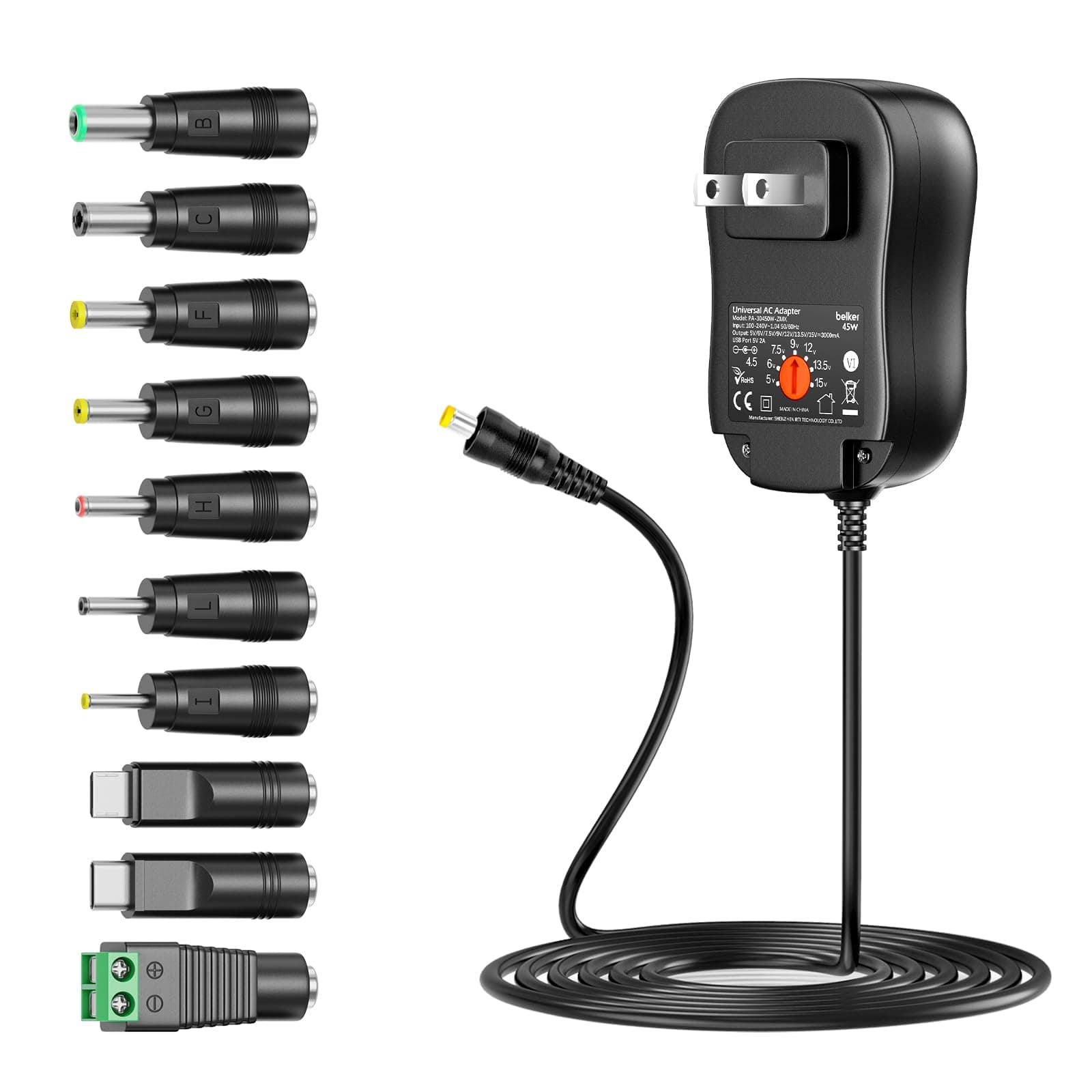 Belker 45W 5V 6V 7.5V 9V 12V 13.5V 15V Universal AC DC Power Supply Adapter for Household Electronics LED Light Strip - 1A 2A 3A 3000mA Amp - Fast USB Charging Port 5V 2A