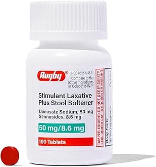 Rugby Stimulant Laxative Plus Stool Softener Docusate Sodium 50 mg/Sennosides 8.6 mg - Laxative Tablets for Constipation Relief - Stool Softeners for Women, Men, and Kids - 100 Tablets
