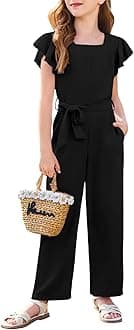 HaloumoningGirls Jumpsuit Kids Fashion Square Neck Ruffle Sleeve Belted Wide Leg Romper with Pockets