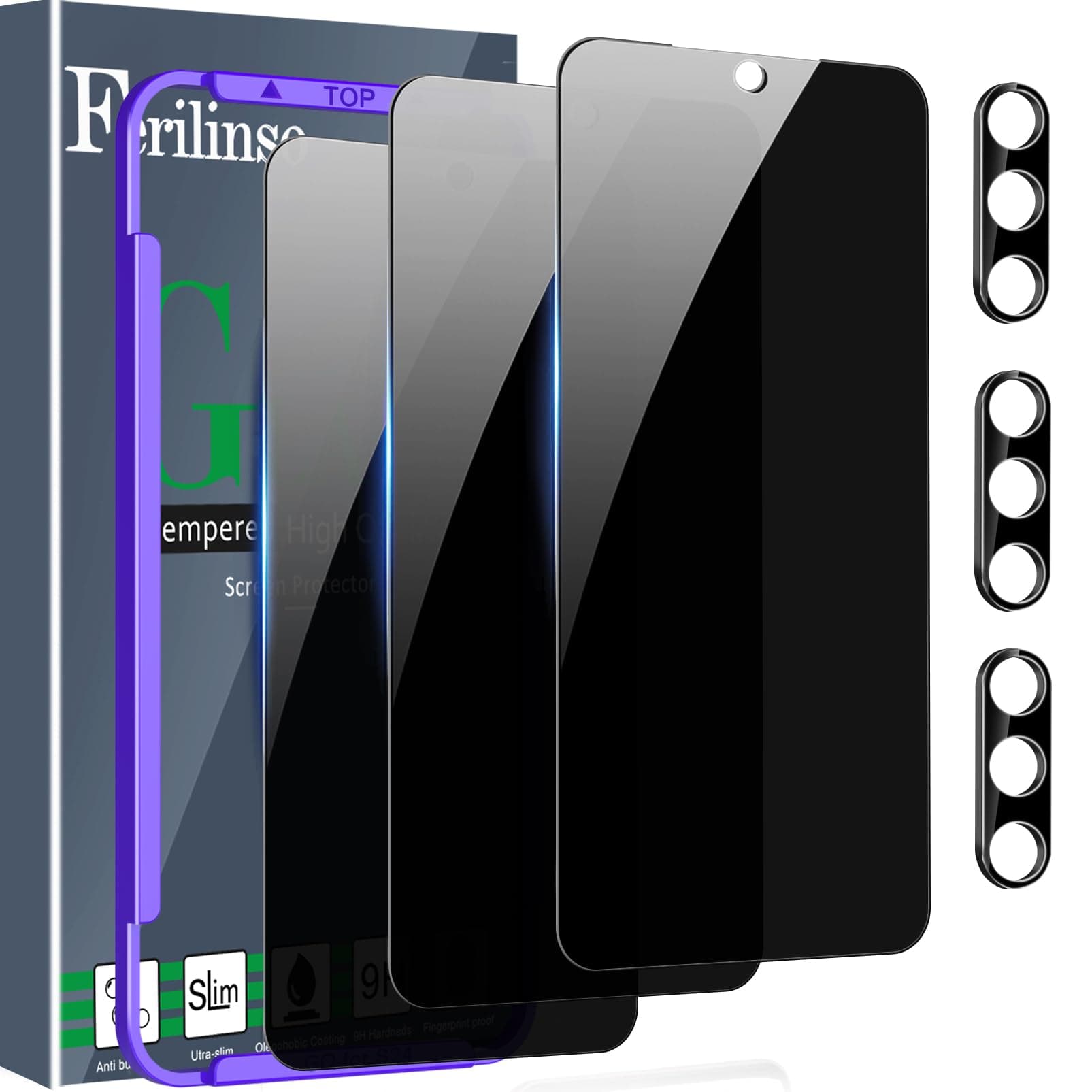 Ferilinso 3 Pack Privacy Screen Protector for Samsung Galaxy S25 Plus with 3 Pack Tempered Glass Camera Lens Protector Phone Case Friendly Accessories Protector de Pantalla for Samsung S25 Plus