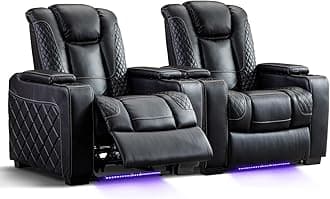 Home Theater Seating Set of 2, Faux Leather Electric Power Recliner Chair with Ambient Lighting, Power Headrest, Lumbar Support, Cup Holders, Hidden Arm Storage, USB Ports, Black