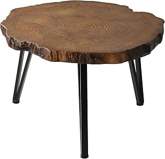 SUNBURY Outdoor Coffee Table, 31" W Faux Wooden Coffee Table, Modern Round Coffee Table for Patio, Concrete Outdoor Side Table with Anti-Rust Metal Leg for Garden, Backyard, Lawn, Deck