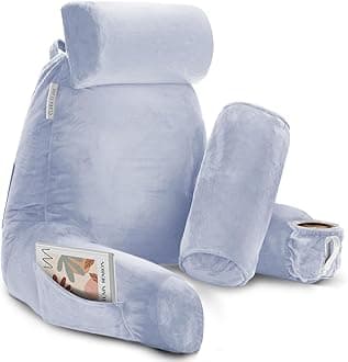 Clara Clark Reading Pillow with Shredded Memory Foam Includes 2 Neck and Lumber Support Pillows, Designed for Sitting Up in Bed and Couch, Back and Arms Adjustable Support for Adults & Teens, Ice Blue