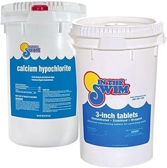 In The SwimShock and Chlorine Bundle for Sanitizing Swimming Pools – Includes 50 Pound Bucket of 68% Cal-Hypo Pool Shock and 50 Pound Bucket of 3 Inch Stabilized Chlorine Tablets