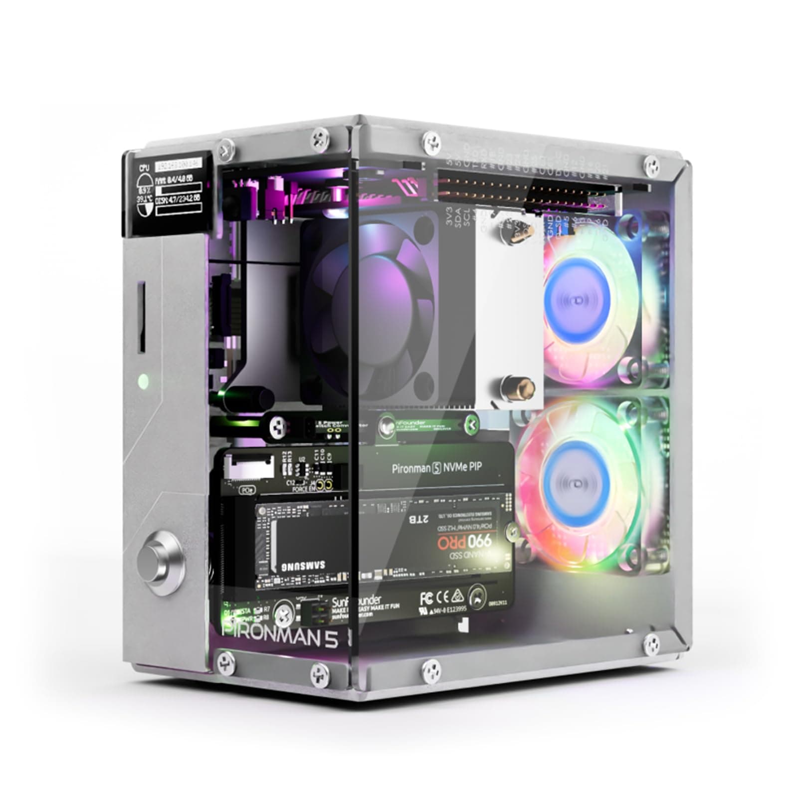 – Pironman 5 NVMe M.2 SSD PCIe 2.0/3.0 Mini PC Case for Raspberry Pi 5 Hailo-8L, AI Agent OpenClaw, Tower Cooler+Dual RGB Fans, 0.96'' OLED Module, Safe Shutdown, Standard HDMI, RGB Effect