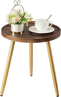 Round Side Table, Metal Legged Accent Table with Wooden Tray, Small Round End Table for Living Room, Bedroom, Nursery, Brown & Gold