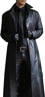 Long Leather Jakcet for Men Retro Slim Fit Motorcyle Trench Coat Full Length Faux Leather Overcoat Windbreaker