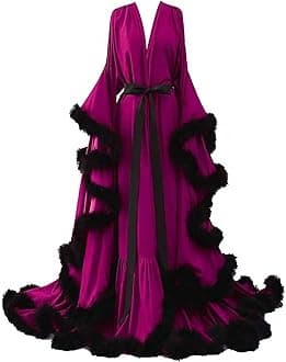 yinyyinhs Womens Sexy Feather Bridal Robes Silk Satin Long Nightgown Bathrobe Sleepwear Maternity Robe for Photoshoot