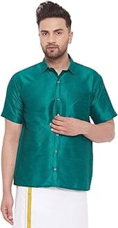 VASTRAMAYMen's Silk Blend Ethnic Shirt - Half Sleeves, South Indian Traditional Shirt for Weddings, Festivals, & Casual Wear