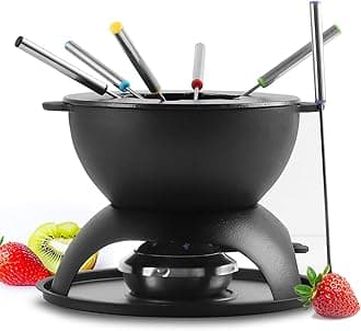 Cast Iron Fondue Pot for Chocolate, 5-Cup Cheese Fondue Pot with 6 Colored Forks for Fondue Party, 4-6 Person, Black