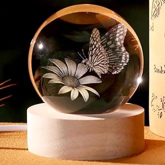 Butterfly Gifts for Women Her 3D Crystal Ball Butterfly in Glass Ball 60mm Night Light Gifts for Girl Adults with Multicolor Lighting Base