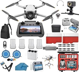 DJI Mini 4 Pro Drone Mega 4 Battery Bundle Kit Drone with Camera, with DJI RC2, Search and rescue Light, with 2 SD Cards 128 GB, Waterproof HardCase , 3.0 USB Card Reader, Landing Pad, Backpack, Remote protector Sun Hood and More