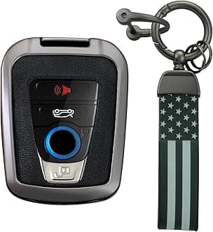 KUNIO PU Leather+Zinc Alloy 4 Button Smart Key Fob Cover Case Fit for BMW 2014-2019 I3 2014-2020 I8 Keyless Key Holder with USA Flag Keychain Car Accessory A Gun Black