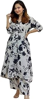 Leriya Fashion Women's Anarkali Rayon Floral Printed Kurta Pant Set | High-Low Hem & 3/4 Sleeves | Ethnic Co-ord for Festive & Casual Wear | Co ord Set For Women Stylish | 2 Piece Dress For Holiday Look & Puja
