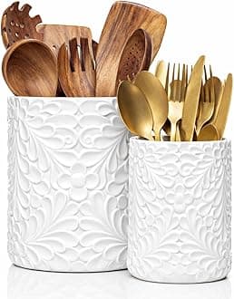 25DOL Large 7.3"+5.4" Engraved Ceramic Utensil Holder for Countertop, Cooking Utensils Organizer for Spatula, Large Utensils Crock for Kitchen Counter, Kitchen Decor, set of 2, White