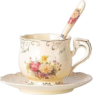 YOLIFE Tea Cup and Saucer Set, 200 ml Teacup Set, Ceramic Tea Cup with Suacer Spoon, Porcelain Ivory Vintage Flowering Shrubs with Gold Leaves Trim, Gifts for Women