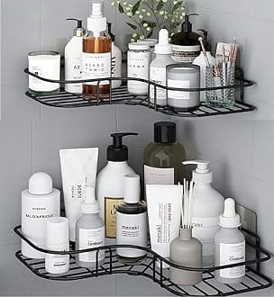 Oslen Metal (Pack of 2 Self-Adhesive Shelf/Storage Organizer for Bathroom and Kitchen Corner Wall Mounted Rack Shelf Bathroom Accessories Storage Rack (No Drilling-Shelf Adhesive) (8 and 9 INCH,Black)