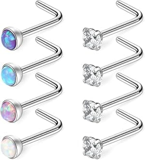 RuifanRuifan 18G 316L Surgical Steel 1.5mm 2mm 2.5mm 3mm Jeweled Opal & Clear CZ Nose L-Shaped Rings Studs Ring Body Piercing Jewelry 8-16PCS