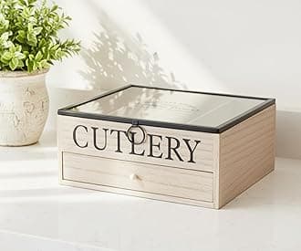 Vintage Wooden 5 Compartment Cutlery Utensil Holder Dishware Organiser Box, Window Lid, Easy-Cleanable Drawer