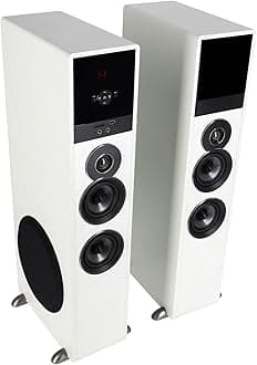 TM80W Powered Home Theater Tower Speaker System, White, 800W, 8" Subwoofers, Bluetooth, USB/SD Playback, FM Radio, Remote Control, Karaoke Ready, Perfect for Home Entertainment