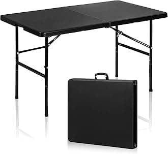 SUPER DEAL Portable 4 Foot Plastic Folding Table, Indoor Outdoor Heavy Duty Fold-in-Half Picnic Party Camping Barbecues Table with Carrying Handle, Black