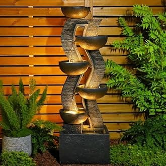 52.8" Tall Outdoor Water Fountain and Waterfall with LED Lights, Cascading Bowl Garden Waterfall Fountain for Patio, Garden, or Porch Decor – Large Freestanding Resin Water Feature for Backyard