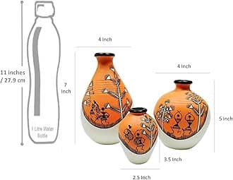 ARTYSTA BEAUTIFYING LIVES Earthenware'Warli Forests'Orange&Off White Handpainted Terracotta Oblong Flower Vases|Terracotta Decorative For Home Decor Earthen Flower Vase Pots For Home&Office(Set Of 3)