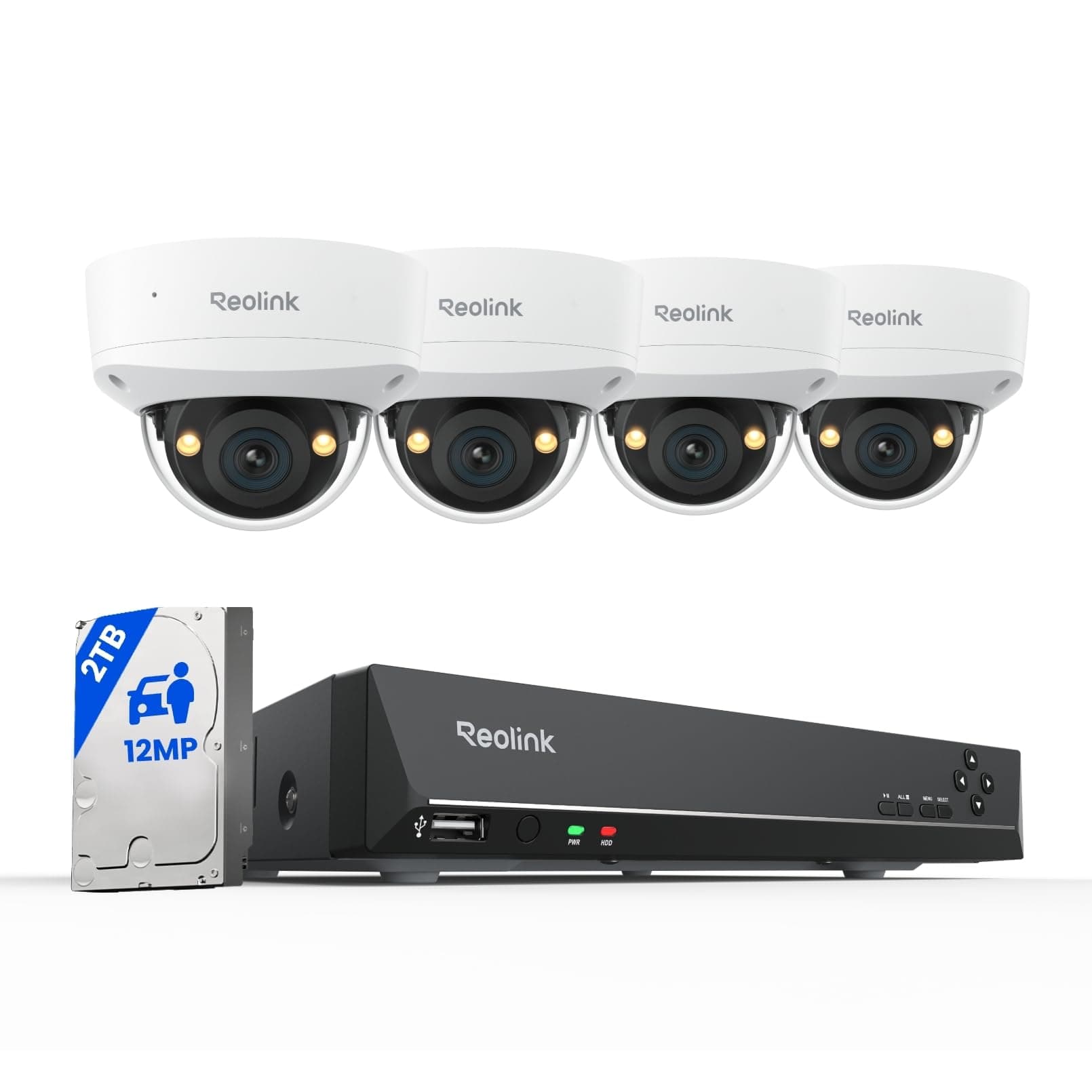 12MP PoE Security Camera System with 4pcs IK10 Vandal-Proof, 145° Wide-Angle 12MP Cams Outdoor, Color Night Vision, Person/Vehicle/Pet Detection, 2-Way Audio, 8CH NVR with 2TB HDD, RLK8-1200V4