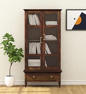 Solid Sheesham Wood Bookshelf 4 Selves Solid Wood Close Book Shelf and File Organizer with Glass Door for Study Room Drawing Room Home and Office