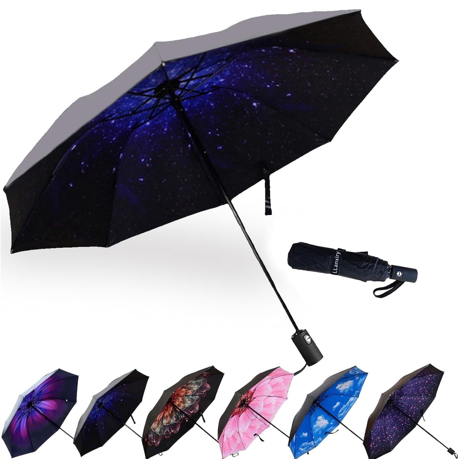 LLanxiry Compact Travel Umbrella, 44" Canopy, Automatic Open/Close Windproof Umbrella, 210T Pongee, 8-Rib Fiberglass, Travel Size Mini, Portable Rain/Sun Umbrellas UPF 50+ with Cover
