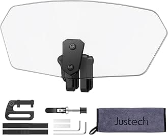 Justech Universal Motorcycle Windshield, Adjustable Wind Deflector Clip On Windshield Extension Spoiler Wind Air Deflector for Kawasaki BMW Triumph Motorbike-Transparent, Black Bracket