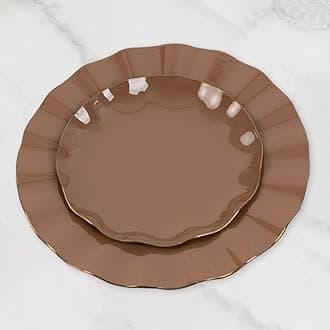 Efavormart 10 Pack Hard Plastic Dessert Plates with Gold Ruffled Rim, Heavy Duty Coffee Brown Disposable Round Dinnerware 6"