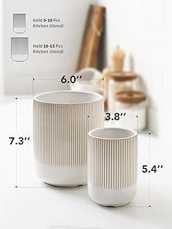 LE TAUCI Utensil Holder, 7.3"+5.4" Ceramic Kitchen Crock for Countertop, Large Cooking Holder Gift for Mom, Boho Farmhouse Kitchen Decor, Set of 2, Reactive Glaze Arctic White