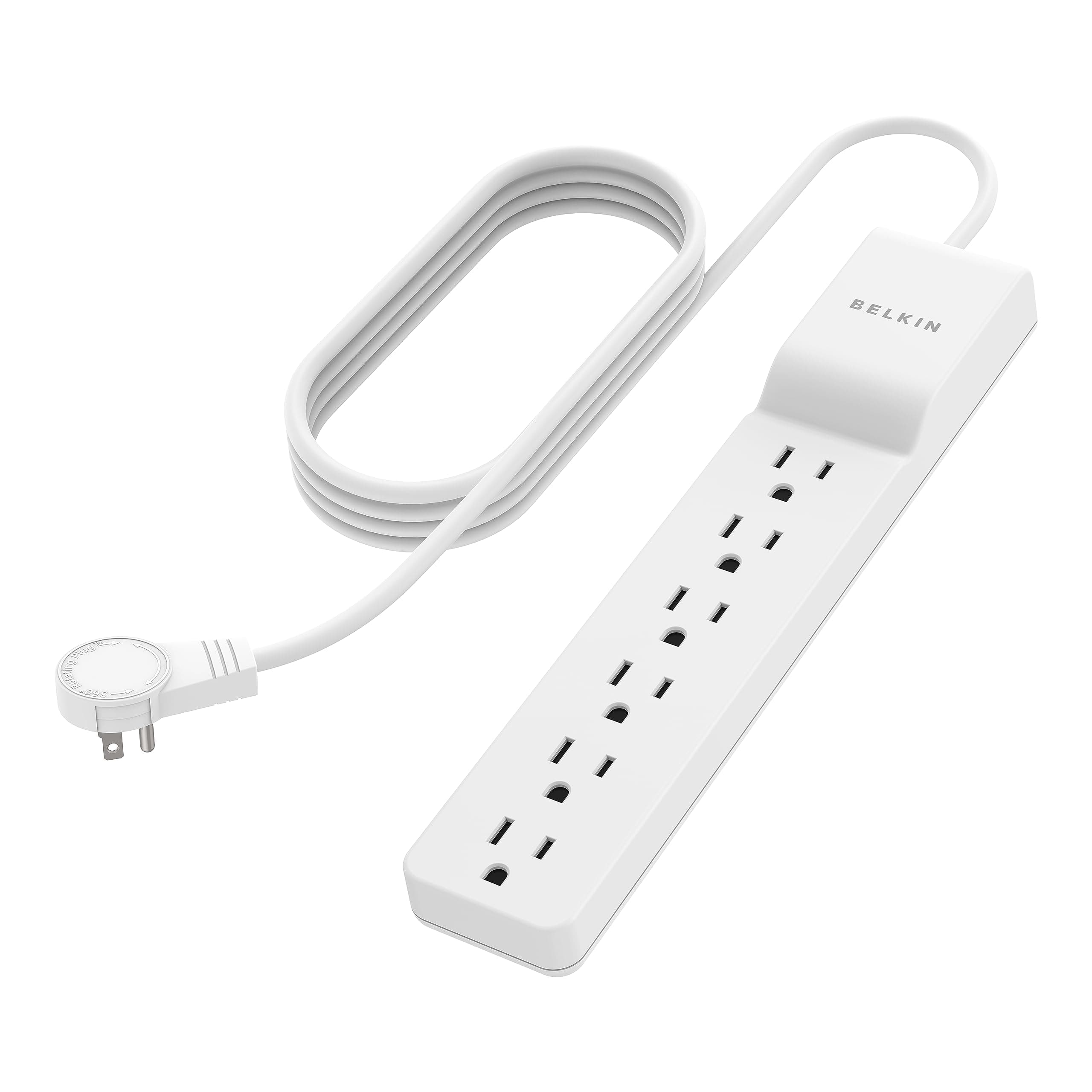 Surge Protector Power Strip - 6 AC Multiple Outlets - Flat Rotating Plug, 8ft Long Heavy-Duty Extension Cord for Home, Office, Travel, Computer Desktop & Charging Brick - White (720 Joules)