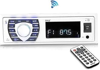 Pyle Bluetooth Marine Receiver Stereo - 12v Single DIN Style Boat In dash Radio Receiver System with Digital LCD, RCA, MP3, USB, SD, AM FM Radio - Remote Control, Wiring Harness - PLRMR23BTW (White)