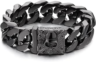 Mens Large Vintage Brushed Finishing Steel Curb Chain Bracelet with Fleur De Lis and Skull