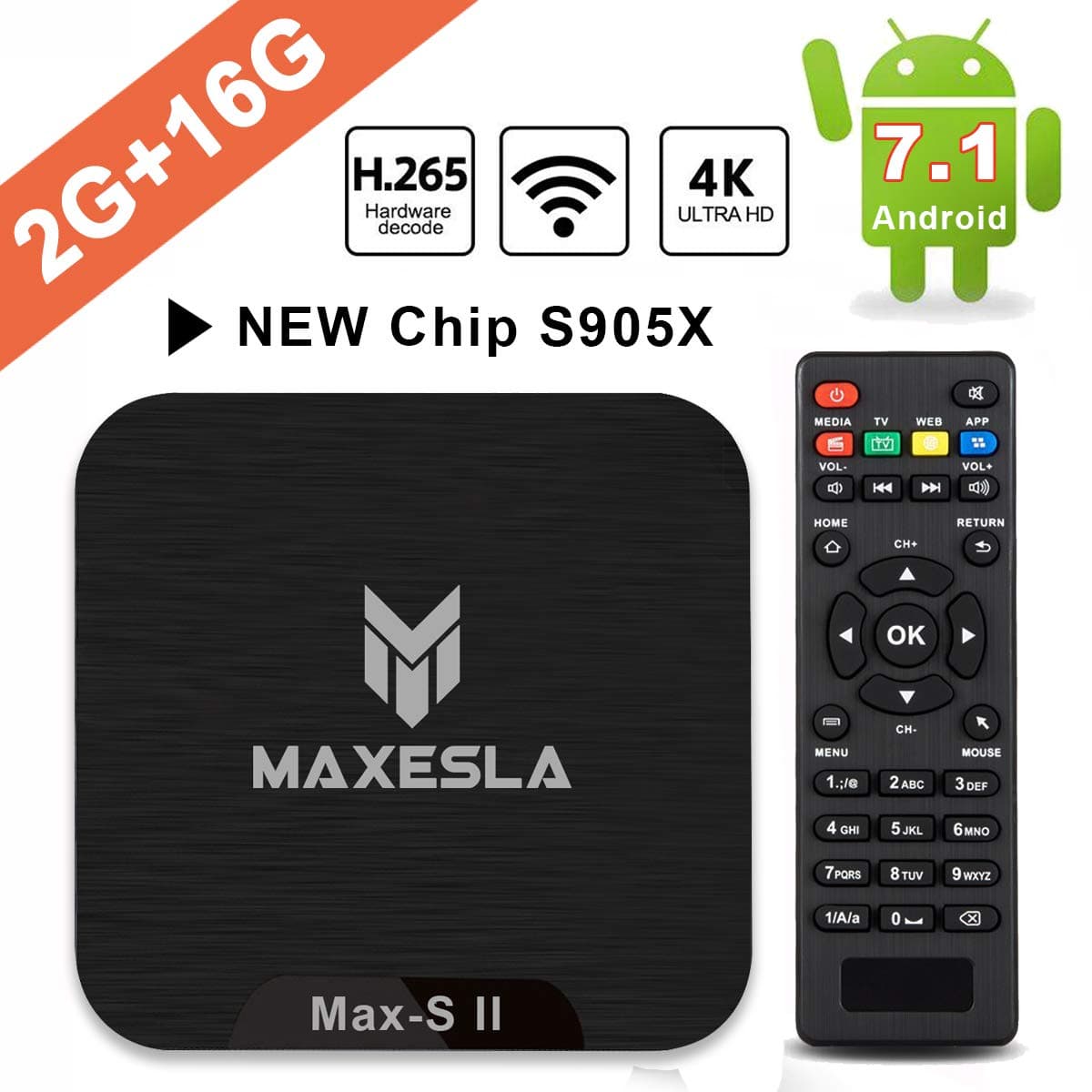 TV Box Android 7.1 Newest - Maxesla MAX-S II Smart TV Box with 2GB RAM + 16GB ROM, Upgrade Amlogic S905X Chipset, True 4K UHD Playing, Support H.265 Video Decoder, 2.4GHz Wifi TV Box with Remote Control