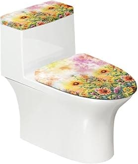 Floral Toilet Lid & Tank Covers Set 2 Pieces for Bathroom Round Lids Stretchable Fabric Elastic Bottom Home Decor