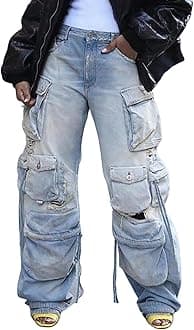 Women's Baggy Cargo Jean High Waisted Y2K Distressed Wide Leg Denim Pants with Multi Pockets Streetwear