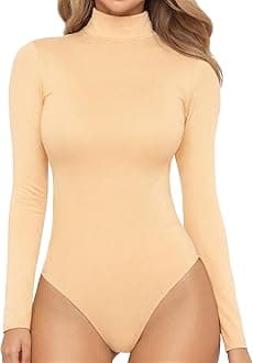 MANGOPOP Women's Mock Turtle Neck Long Sleeve Tops Bodysuit Jumpsuit, Long Sleeve Beige, Medium