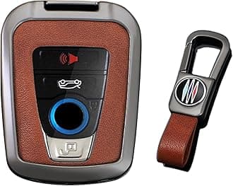 KUNIO PU Leather+Zinc Alloy 4 Button Smart Key Fob Cover Case Fit for BMW 2014-2019 I3 2014-2020 I8 Keyless Key Holder with Leather Keychain Car Accessory C Gun Brown
