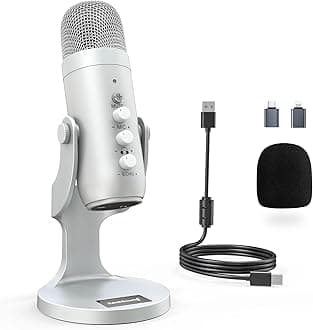 USB Microphone,Condenser Computer PC Mic,Plug&Play Gaming Microphones for PS 4&5.Headphone Output&Volume Control,Mic Gain Control,Mute Button Vocal,YouTube Podcast on Mac&Windows(Silver)