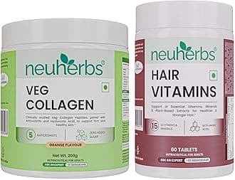 Neuherbs Collagen Supplement Powder- 200g and Hair Vitamin Supplement with Biotin (60 Capsules) - Combo Pack for Women & Men for Healthy Skin, Healthy Hairs & Shining Nails.