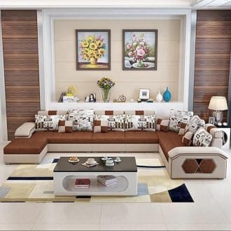 Ripple FURNITURE U Shape 9 Seater Modern Interchangeable Fabric Sofa Set with 4 Puffy (Left, Beige & Brown)