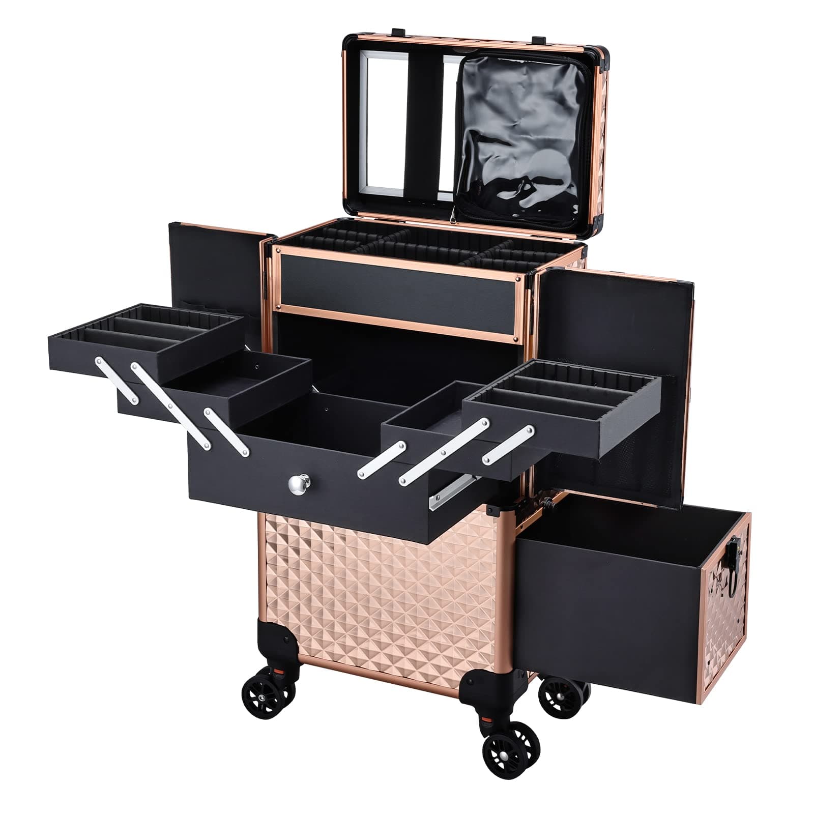 Professional Makeup Artist Rolling Train Case Multi-functional Cosmetic Train Case Large Trolley Storage Case for Nail Technicians Cosmetology Case for Hairstylist Rose Gold