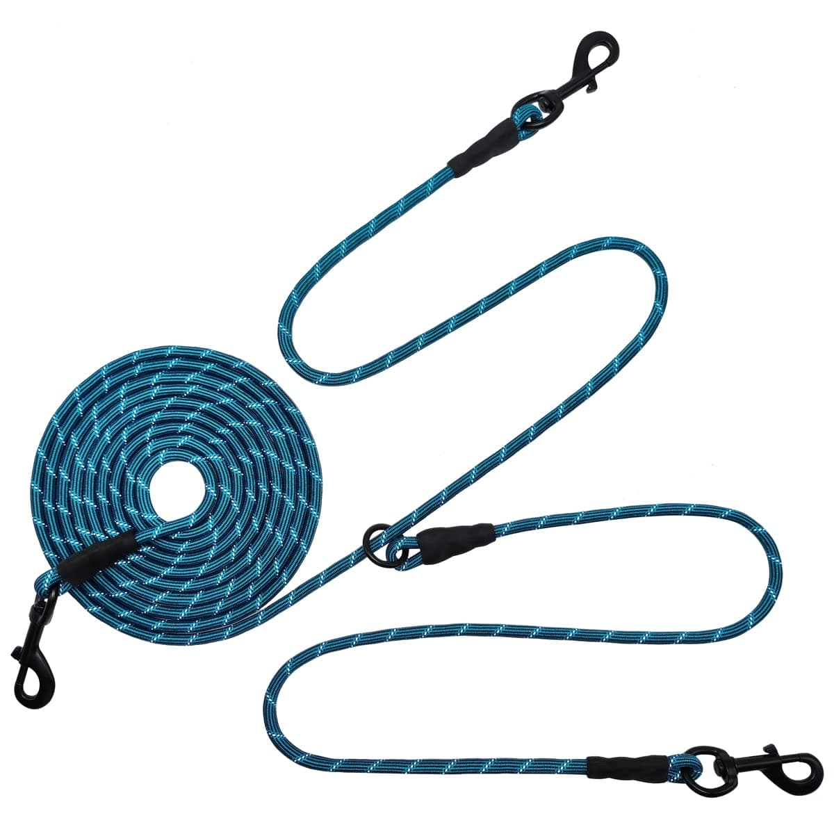 BTINESFUL 12FT 20FT 30FT 50FT Reflective Dog Tie Out for 2 Dogs, No Tangle 1/3 Inch Nylon Rope Long Tether for Two Dogs, Dog Trolley Runner for Yard Outdoor Camping