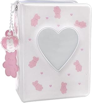 3 Inch Mini Photo Album, Heart Hollow Card Binder Photo Card Holder with Pendant 40 Pockets (white pink rabbit)