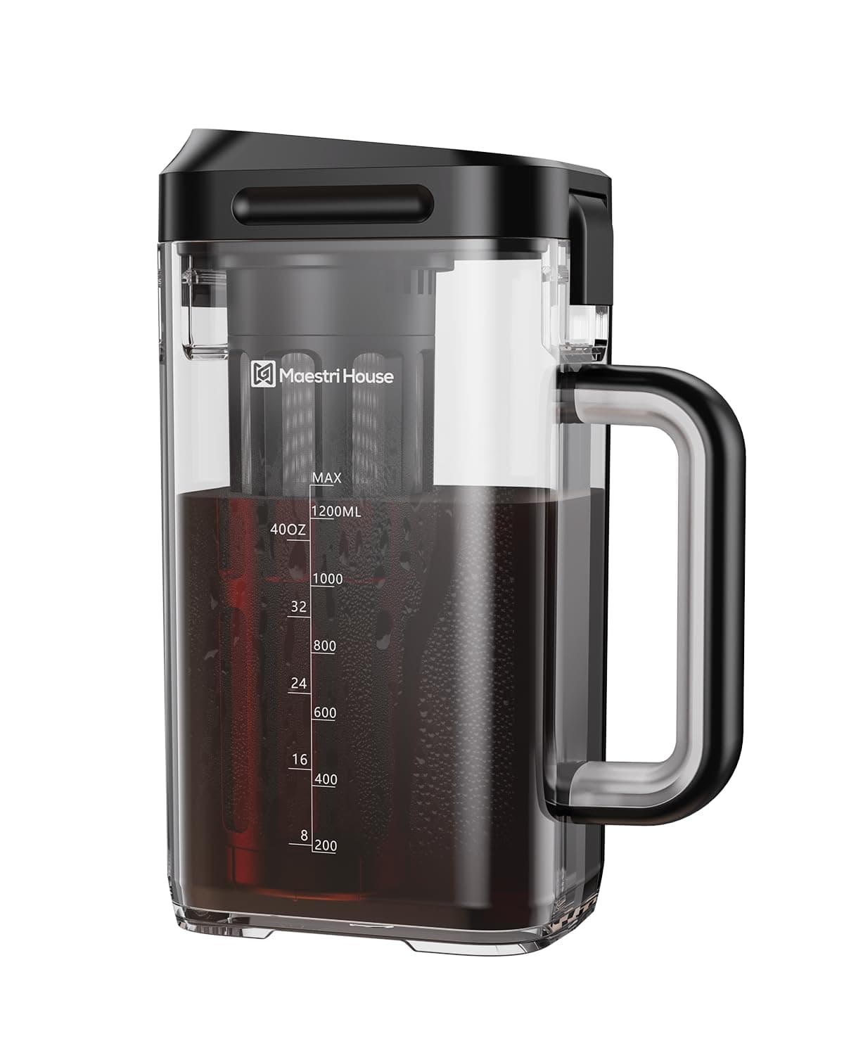 Maestri House Cold Brew Coffee Maker, 1.2L Iced Tea and Coffee Maker Brewer Space Saving Tritan Pitcher, 350 Mesh Filter, 100% Leak-Proof,Measuring (Black)