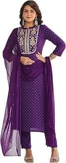 Women's Cotton Blend Straight Embroidered Kurta with Pant & Dupatta